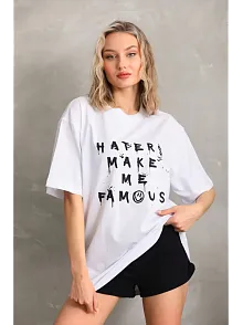 Kadın Ön Ve Arka Baskılı Oversize Kısa Kol  T-shirt - Beyaz