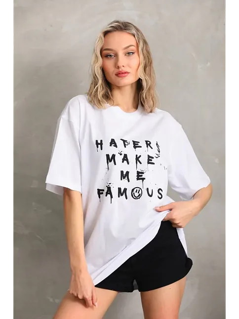 Kadın Ön Ve Arka Baskılı Oversize Kısa Kol  T-shirt - Beyaz