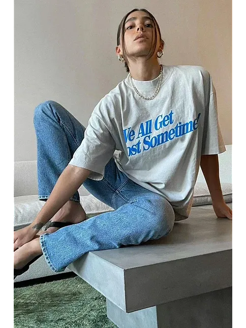 Kadın Baskılı Oversize Kısa Kol T-shirt - Beyaz