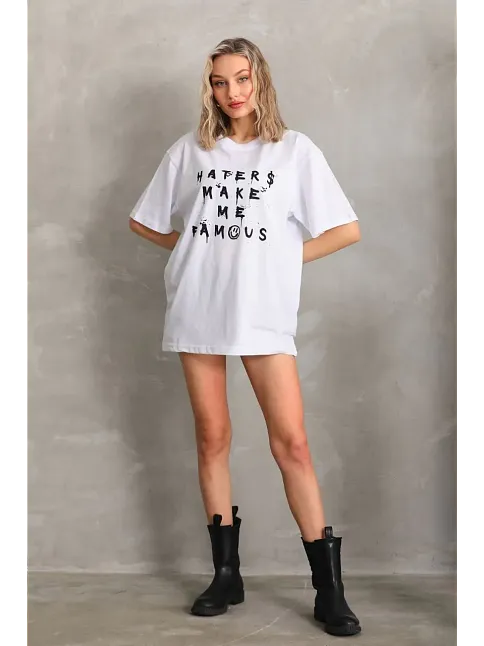 Kadın Ön Ve Arka Baskılı Oversize Kısa Kol  T-shirt - Beyaz