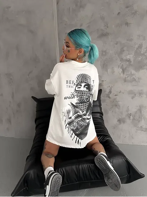 Kadın Kısa Kol Tişört Bisiklet Yaka Filistin Poşülü Baskılı T-shirt - Beyaz