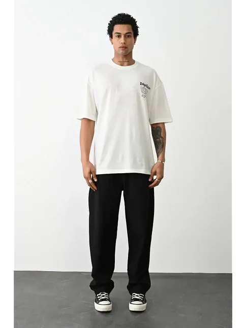 Erkek Kısa Kol Yazlık Tişört Bisiklet Yaka Baskılı Oversize T-shirt - Beyaz