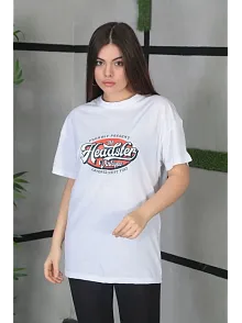 Kadın Kısa Kol Yazlık Tişört Bisiklet Yaka Baskılı Oversize T-shirt - Beyaz
