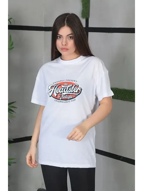 Kadın Kısa Kol Yazlık Tişört Bisiklet Yaka Baskılı Oversize T-shirt - Beyaz