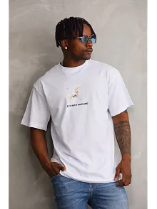 Erkek Baskılı T-shirt Kısa Kol Bisiklet Yaka Rahat Kalıp Tişört - Beyaz
