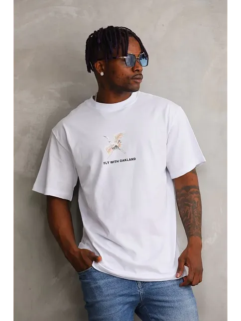 Erkek Baskılı T-shirt Kısa Kol Bisiklet Yaka Rahat Kalıp Tişört - Beyaz