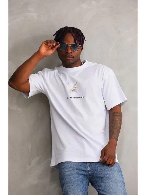 Erkek Baskılı T-shirt Kısa Kol Bisiklet Yaka Rahat Kalıp Tişört - Beyaz