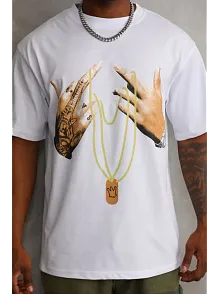 Erkek Baskılı T-shirt Kısa Kol Bisiklet Yaka Rahat Kalıp Tişört - Beyaz