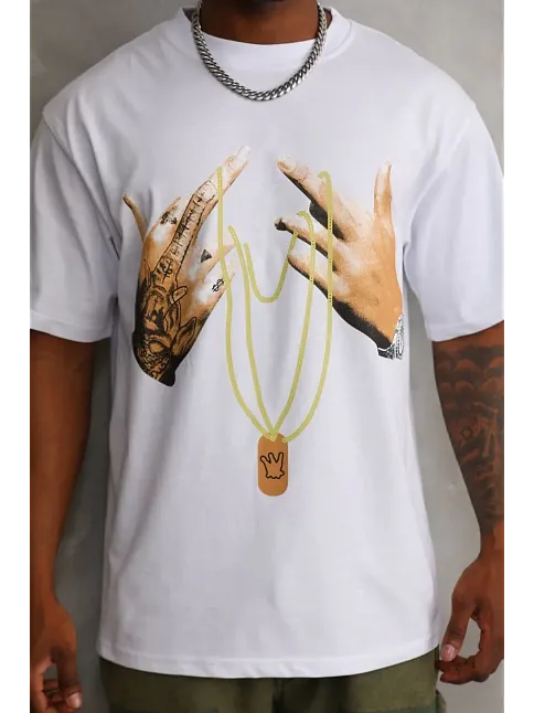Erkek Baskılı T-shirt Kısa Kol Bisiklet Yaka Rahat Kalıp Tişört - Beyaz
