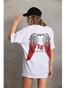Kadın Baskılı Tişört Kısa Kol Bisiklet Yaka Oversize T-shirt - Beyaz