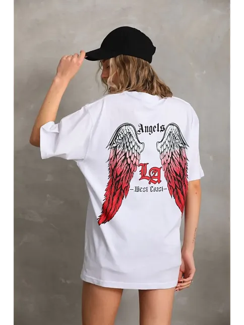 Kadın Baskılı Tişört Kısa Kol Bisiklet Yaka Oversize T-shirt - Beyaz