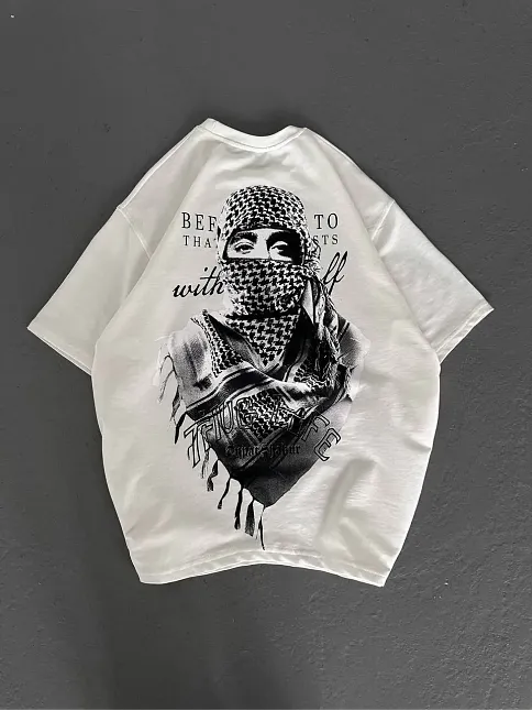 Erkek Kısa Kol Tişört Bisiklet Yaka Filistin Poşulu Baskılı T-shirt - Beyaz