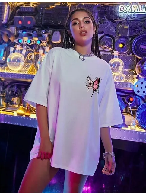 Kadın Tişört Kelebek Baskılı Oversize Kısa Kol T-shirt - Beyaz