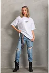Kadın Kısa Kol Yazlık Tişört Bisiklet Yaka Baskılı Oversize T-shirt - Beyaz