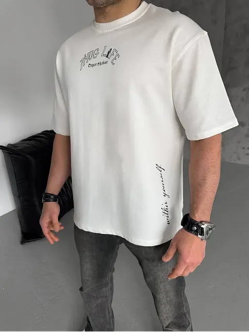 Erkek Kısa Kol Tişört Bisiklet Yaka Filistin Poşulu Baskılı T-shirt - Beyaz