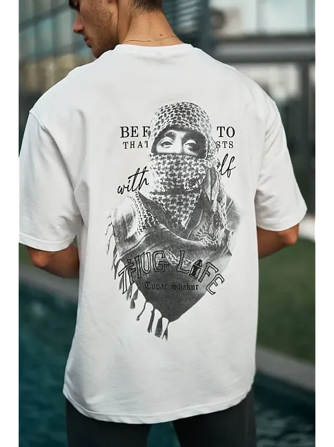 Erkek Kısa Kol Tişört Bisiklet Yaka Filistin Poşulu Baskılı T-shirt - Beyaz
