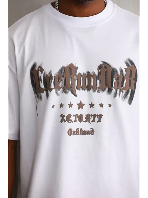 Erkek Baskılı T-shirt Kısa Kol Bisiklet Yaka Rahat Kalıp Tişört - Beyaz