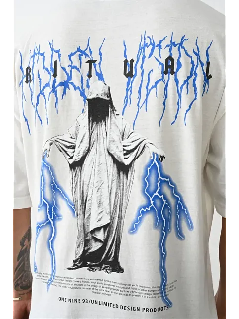 Erkek Kısa Kol Yazlık Tişört Bisiklet Yaka Baskılı Oversize T-shirt -  Beyaz