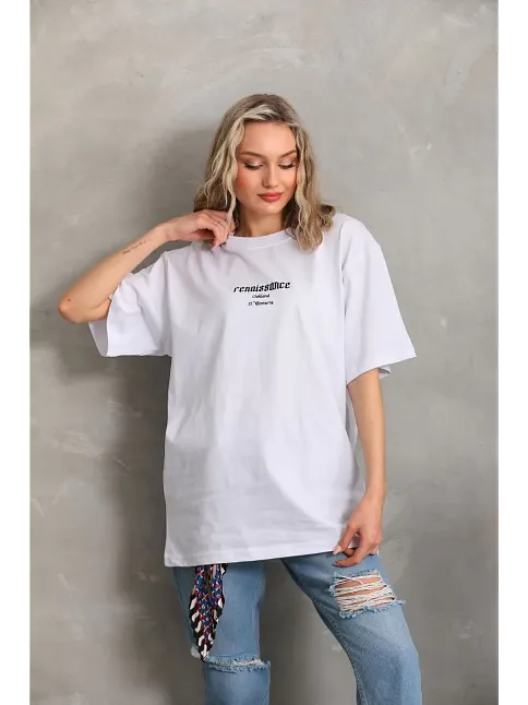 Kadın Kısa Kol Yazlık Tişört Bisiklet Yaka Baskılı Oversize T-shirt - Beyaz