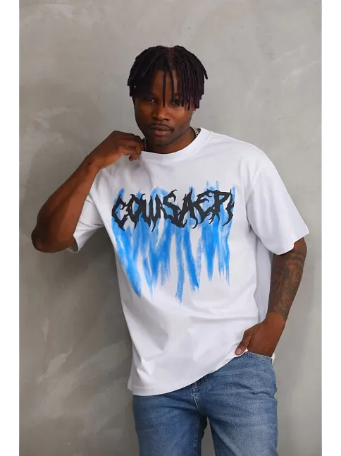Erkek Baskılı T-shirt Kısa Kol Bisiklet Yaka Rahat Kalıp Tişört - Beyaz
