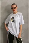 Kadın Baskılı T-shirt Kısa Kol Bisiklet Yaka Oversize Rahat Kalıp Günlük Tişört - Beyaz