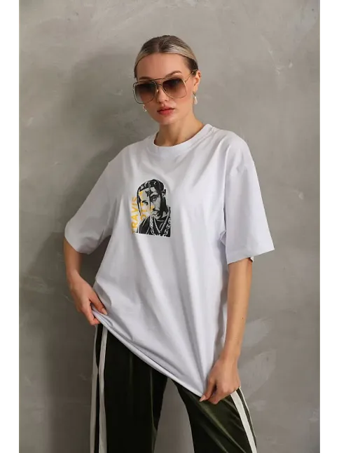 Kadın Baskılı T-shirt Kısa Kol Bisiklet Yaka Oversize Rahat Kalıp Günlük Tişört - Beyaz