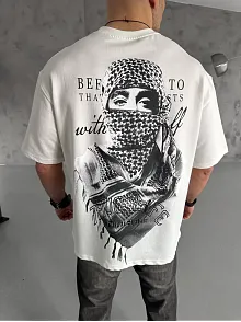 Erkek Kısa Kol Tişört Bisiklet Yaka Filistin Poşulu Baskılı T-shirt - Beyaz