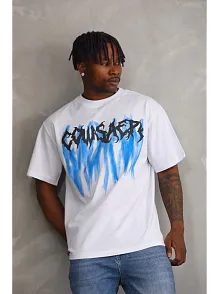 Erkek Baskılı T-shirt Kısa Kol Bisiklet Yaka Rahat Kalıp Tişört - Beyaz