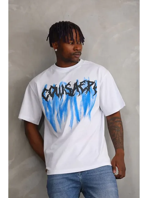 Erkek Baskılı T-shirt Kısa Kol Bisiklet Yaka Rahat Kalıp Tişört - Beyaz