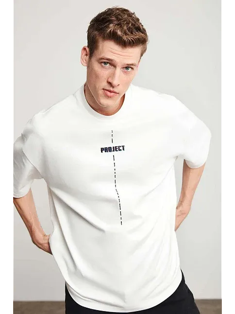 Erkek Baskılı T-shirt Kısa Kol Bisiklet Yaka Regular Fit Rahat Kalıp Tişört - Beyaz