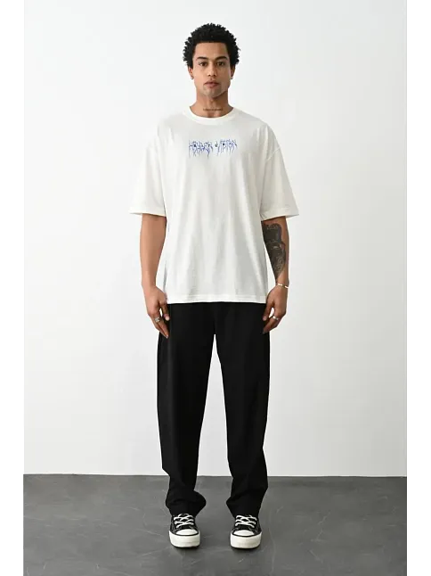 Erkek Kısa Kol Yazlık Tişört Bisiklet Yaka Baskılı Oversize T-shirt -  Beyaz