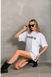 Kadın Kısa Kol Yazlık Tişört Bisiklet Yaka Baskılı Oversize T-shirt - Beyaz