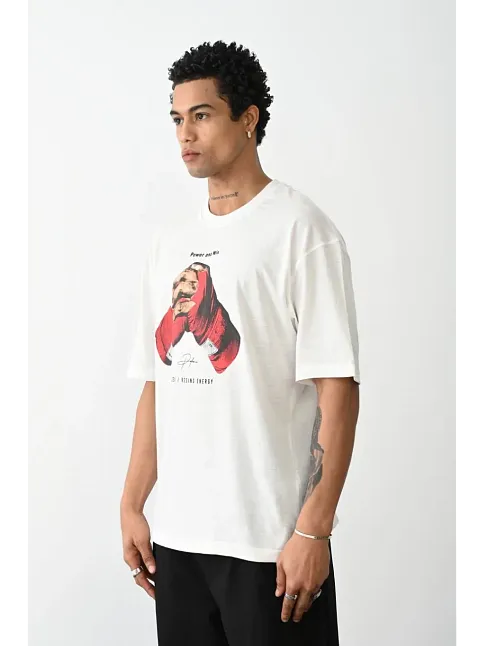 Erkek Box Eldiven Baskılı T-shirt Kısa Kol Bisiklet Yaka Tişört - Beyaz