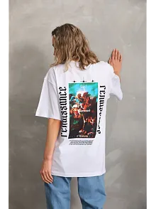 Kadın Kısa Kol Yazlık Tişört Bisiklet Yaka Baskılı Oversize T-shirt - Beyaz