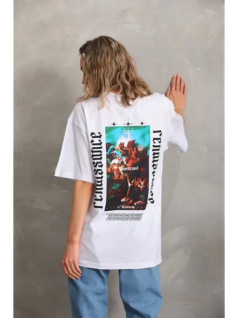 Kadın Kısa Kol Yazlık Tişört Bisiklet Yaka Baskılı Oversize T-shirt - Beyaz