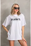 Kadın Kısa Kol Yazlık Tişört Bisiklet Yaka Baskılı Oversize T-shirt - Beyaz