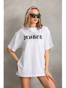 Kadın Kısa Kol Yazlık Tişört Bisiklet Yaka Baskılı Oversize T-shirt - Beyaz