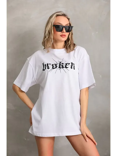 Kadın Kısa Kol Yazlık Tişört Bisiklet Yaka Baskılı Oversize T-shirt - Beyaz