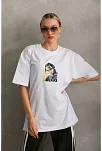 Kadın Baskılı T-shirt Kısa Kol Bisiklet Yaka Oversize Rahat Kalıp Günlük Tişört - Beyaz