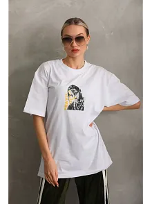 Kadın Baskılı T-shirt Kısa Kol Bisiklet Yaka Oversize Rahat Kalıp Günlük Tişört - Beyaz