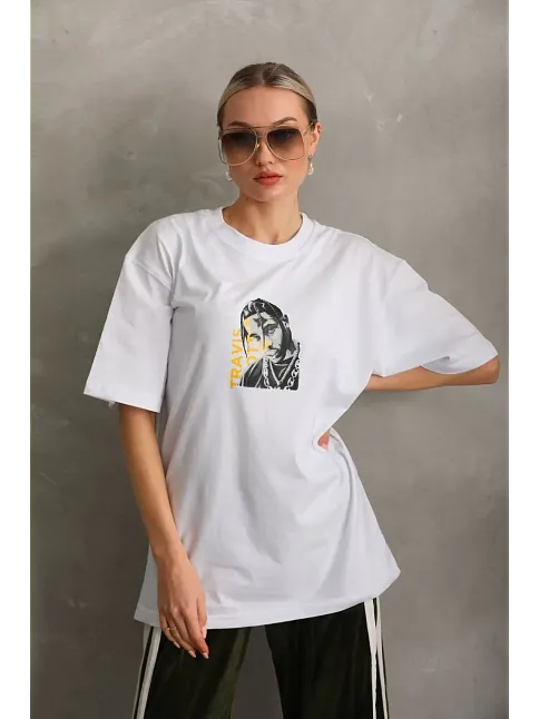 Kadın Baskılı T-shirt Kısa Kol Bisiklet Yaka Oversize Rahat Kalıp Günlük Tişört - Beyaz