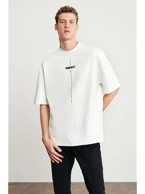 Erkek Baskılı T-shirt Kısa Kol Bisiklet Yaka Regular Fit Rahat Kalıp Tişört - Beyaz