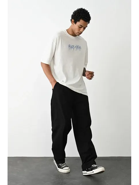 Erkek Kısa Kol Yazlık Tişört Bisiklet Yaka Baskılı Oversize T-shirt -  Beyaz