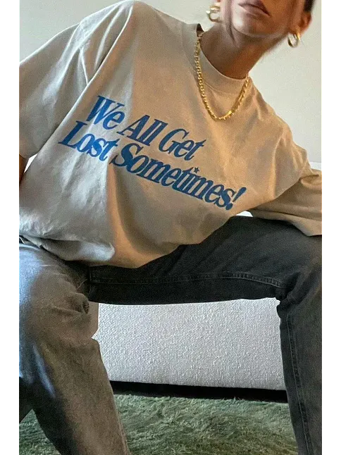 Kadın Baskılı Oversize Kısa Kol T-shirt - Beyaz