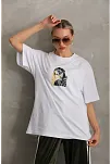 Kadın Baskılı T-shirt Kısa Kol Bisiklet Yaka Oversize Rahat Kalıp Günlük Tişört - Beyaz