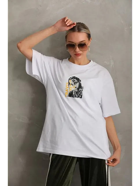 Kadın Baskılı T-shirt Kısa Kol Bisiklet Yaka Oversize Rahat Kalıp Günlük Tişört - Beyaz