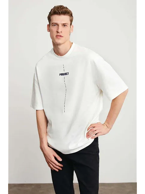 Erkek Baskılı T-shirt Kısa Kol Bisiklet Yaka Regular Fit Rahat Kalıp Tişört - Beyaz