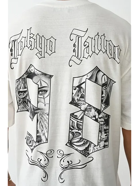 Erkek Kısa Kol Yazlık Tişört Bisiklet Yaka Baskılı Oversize T-shirt - Beyaz