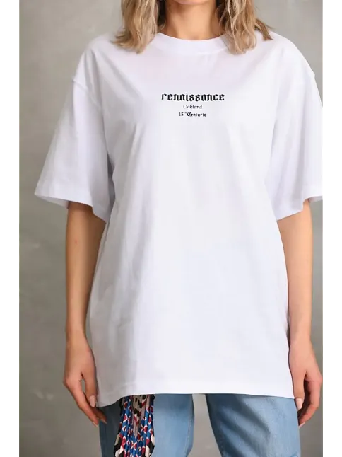 Kadın Kısa Kol Yazlık Tişört Bisiklet Yaka Baskılı Oversize T-shirt - Beyaz