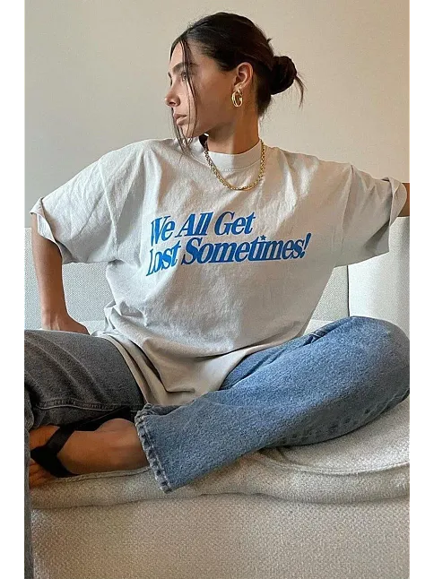 Kadın Baskılı Oversize Kısa Kol T-shirt - Beyaz